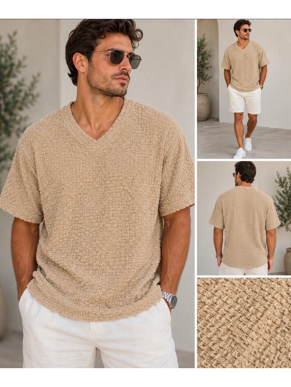 BoohooMAN Men’s M Beige Textured V-Neck Short Sleeve Shirt Oversized Knit